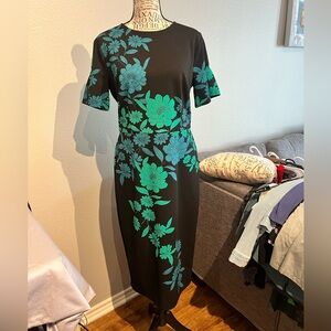 London Times Black Midi Dress with Teal Floral Print